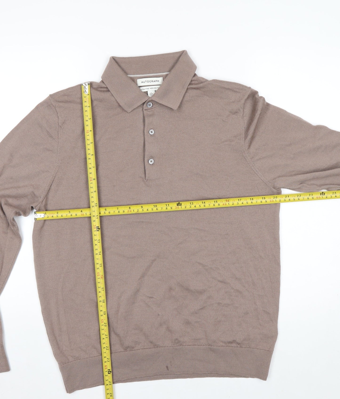 Marks and Spencer Men Brown Merino Wool Collared Henley Jumper L