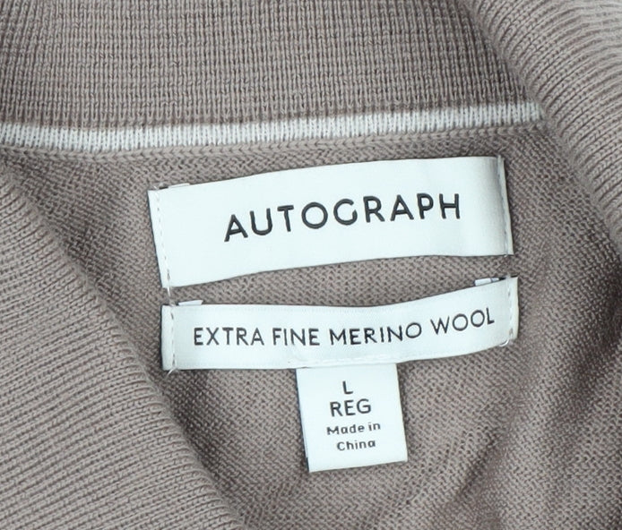 Marks and Spencer Men Brown Merino Wool Collared Henley Jumper L