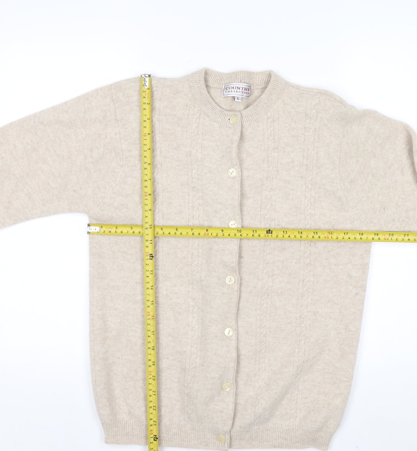 Country Collection Women's Beige Wool Cardigan L Cable Knit