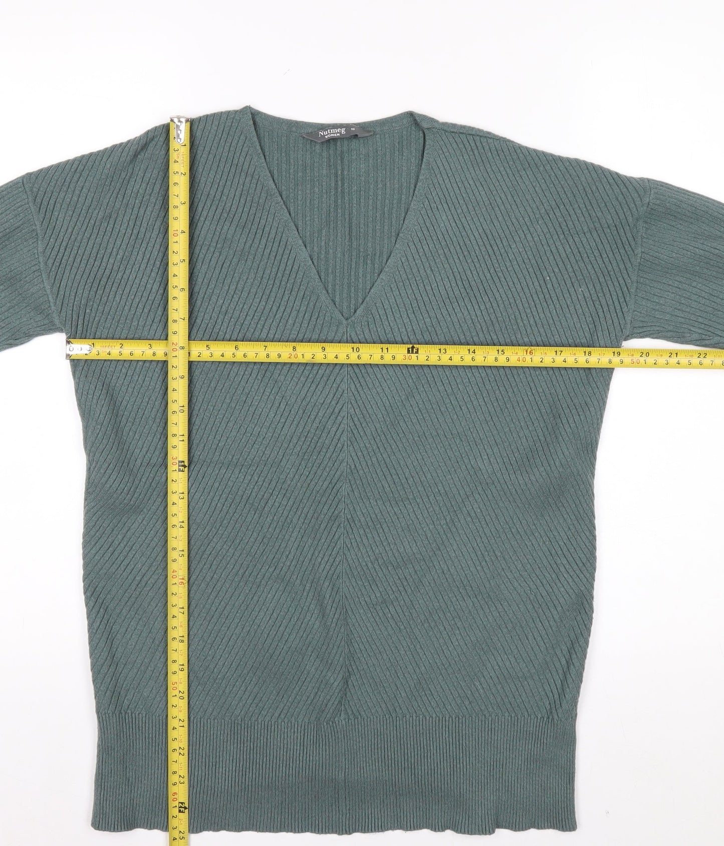 Nutmeg Women Green V-Neck Long Sleeve Pullover Jumper Size 10
