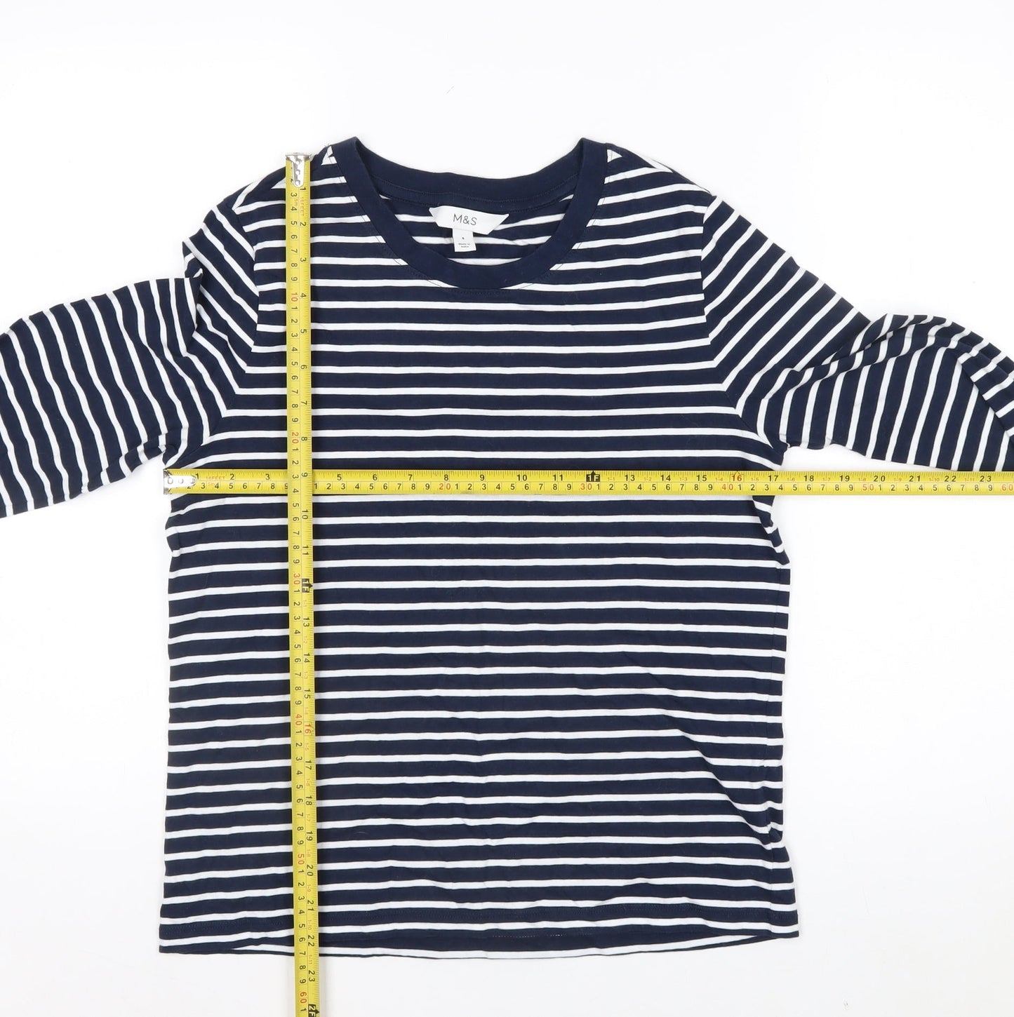 Marks and Spencer Women's Blue Striped Long Sleeve Cotton T-Shirt Size 8