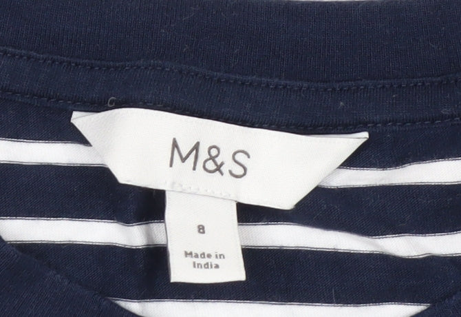 Marks and Spencer Women's Blue Striped Long Sleeve Cotton T-Shirt Size 8