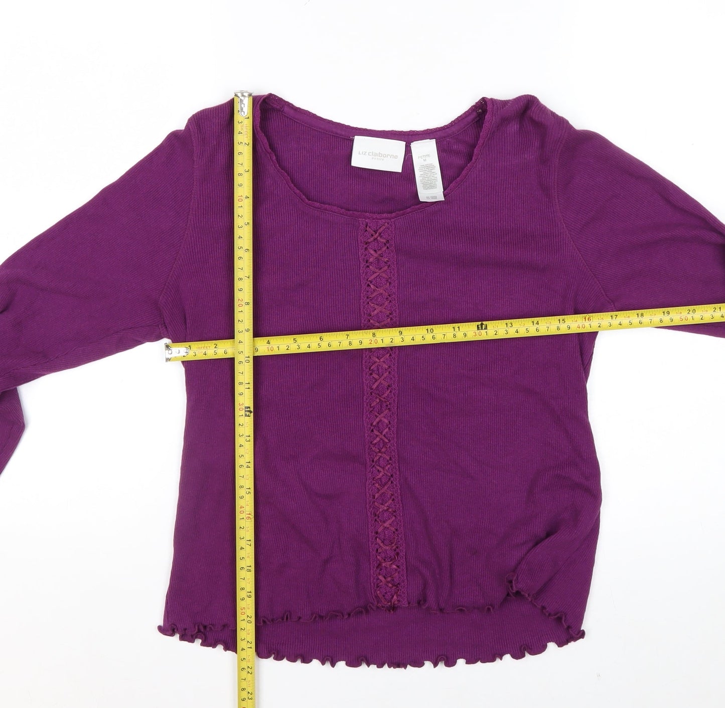Liz Claiborne Women Purple Petite M Cotton Long Sleeve Blouse