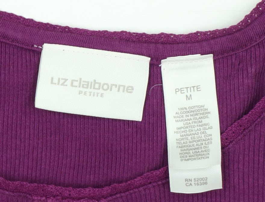 Liz Claiborne Women Purple Petite M Cotton Long Sleeve Blouse