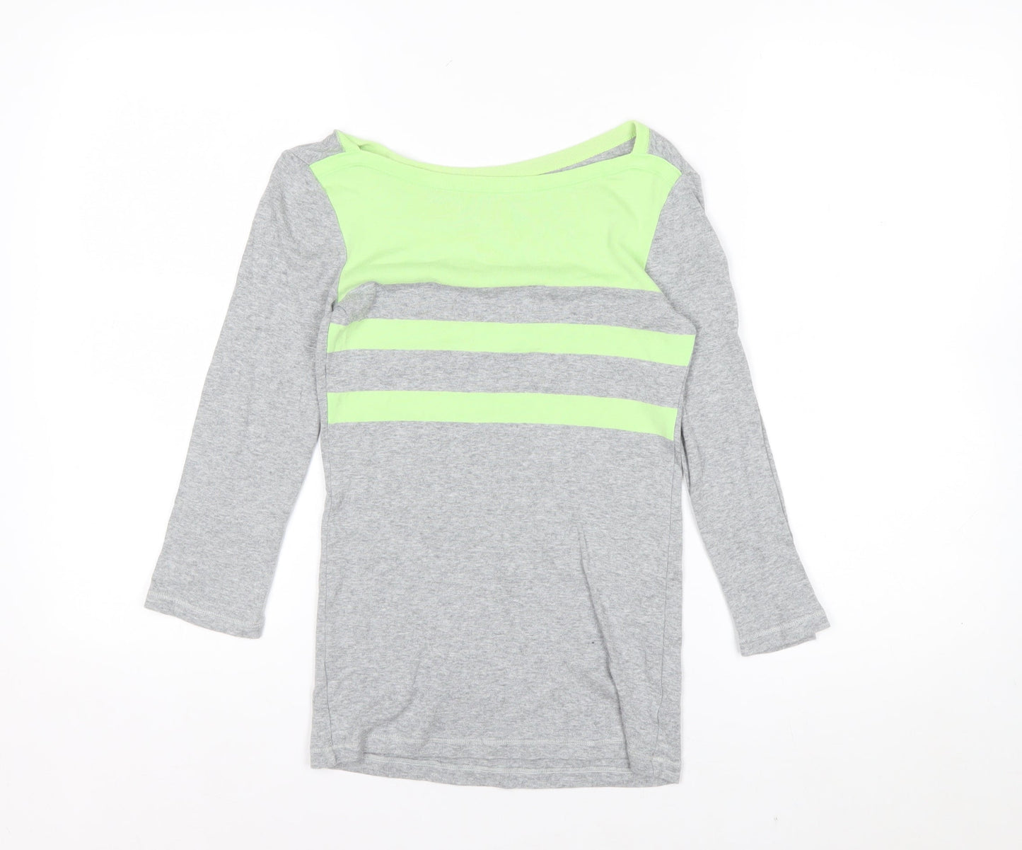 Gap Women's Grey and Green Boat Neck Long Sleeve T-Shirt XS