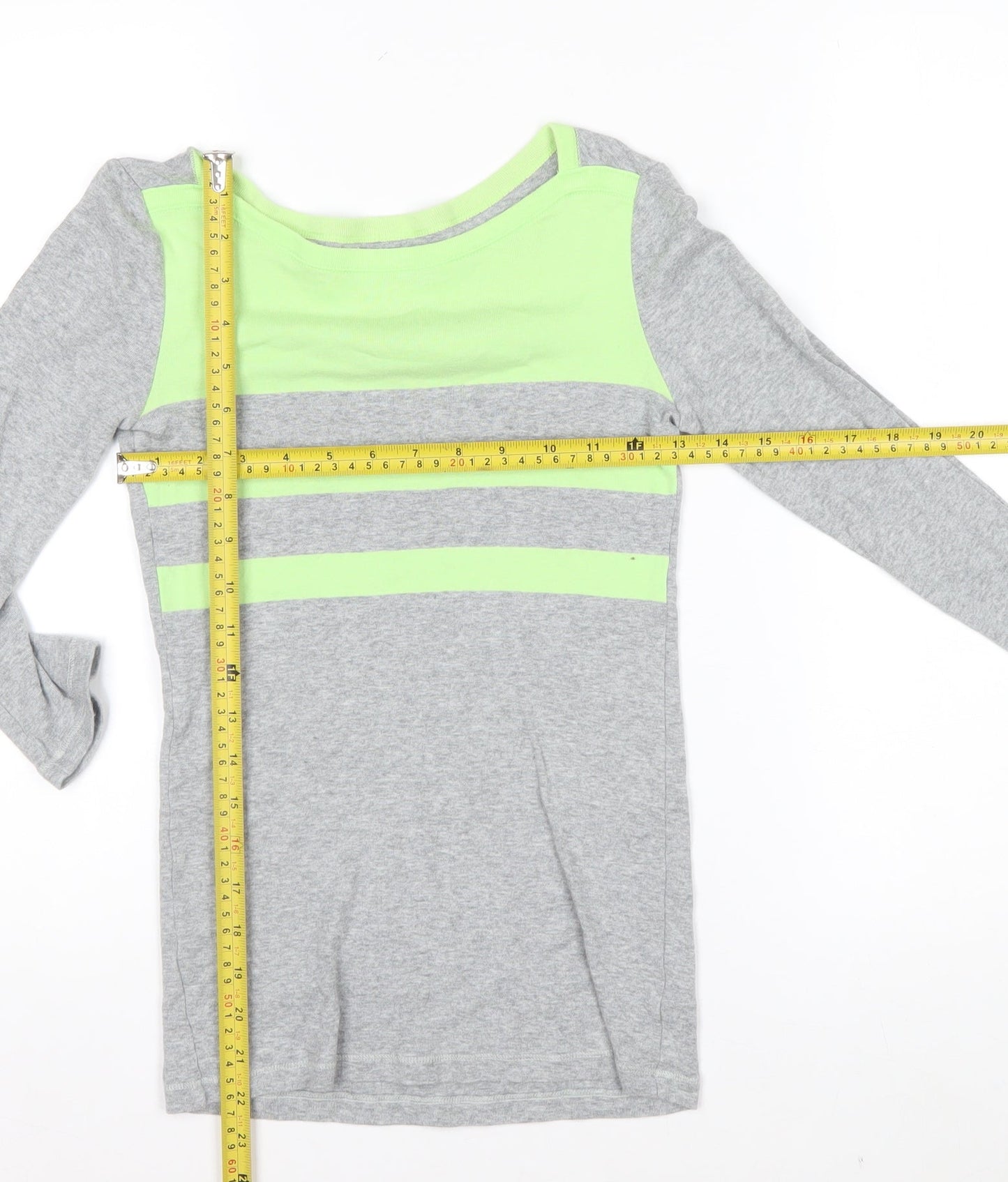 Gap Women's Grey and Green Boat Neck Long Sleeve T-Shirt XS