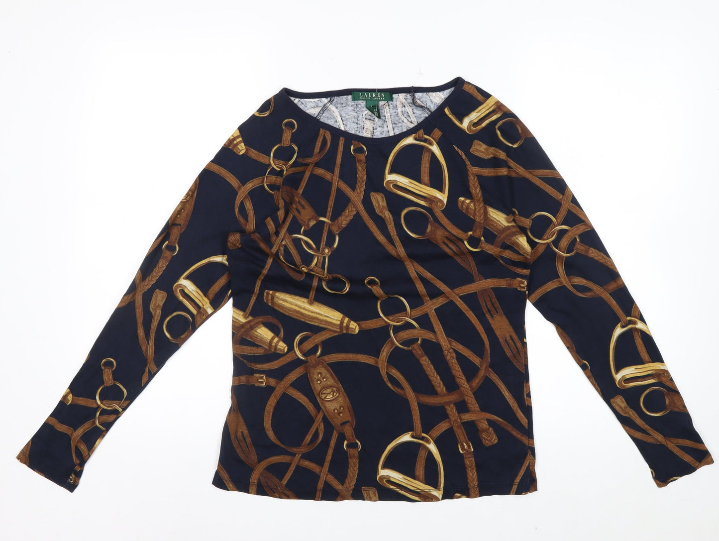 Ralph Lauren Women's Blue Equestrian Print Long Sleeve Cotton Top Size L