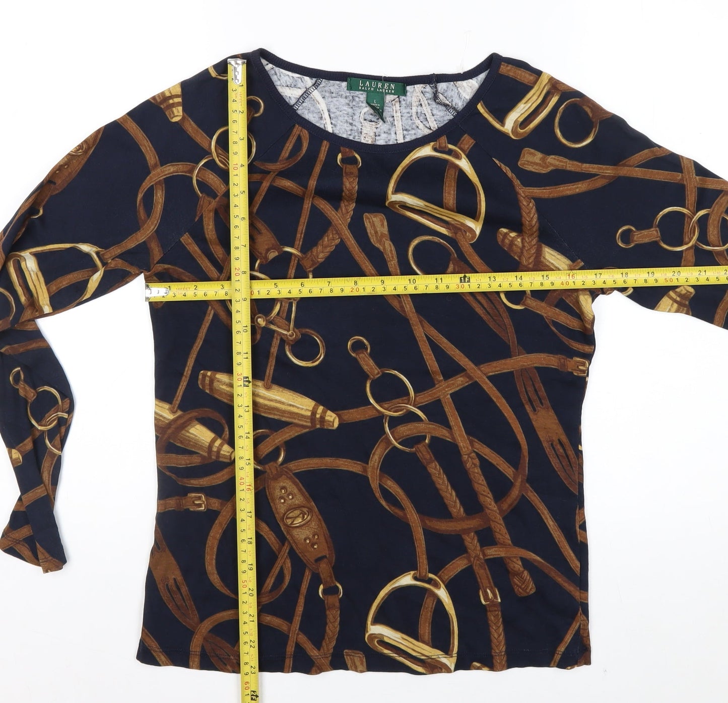 Ralph Lauren Women's Blue Equestrian Print Long Sleeve Cotton Top Size L
