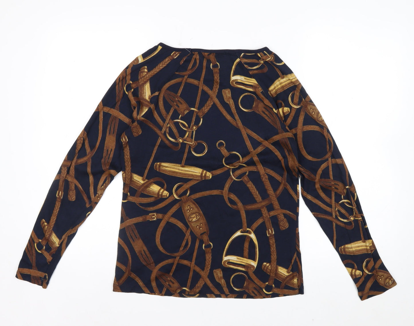 Ralph Lauren Women's Blue Equestrian Print Long Sleeve Cotton Top Size L