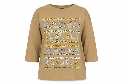 Jouly Women Brown Animal Print Long Sleeve Vintage T-Shirt One Size
