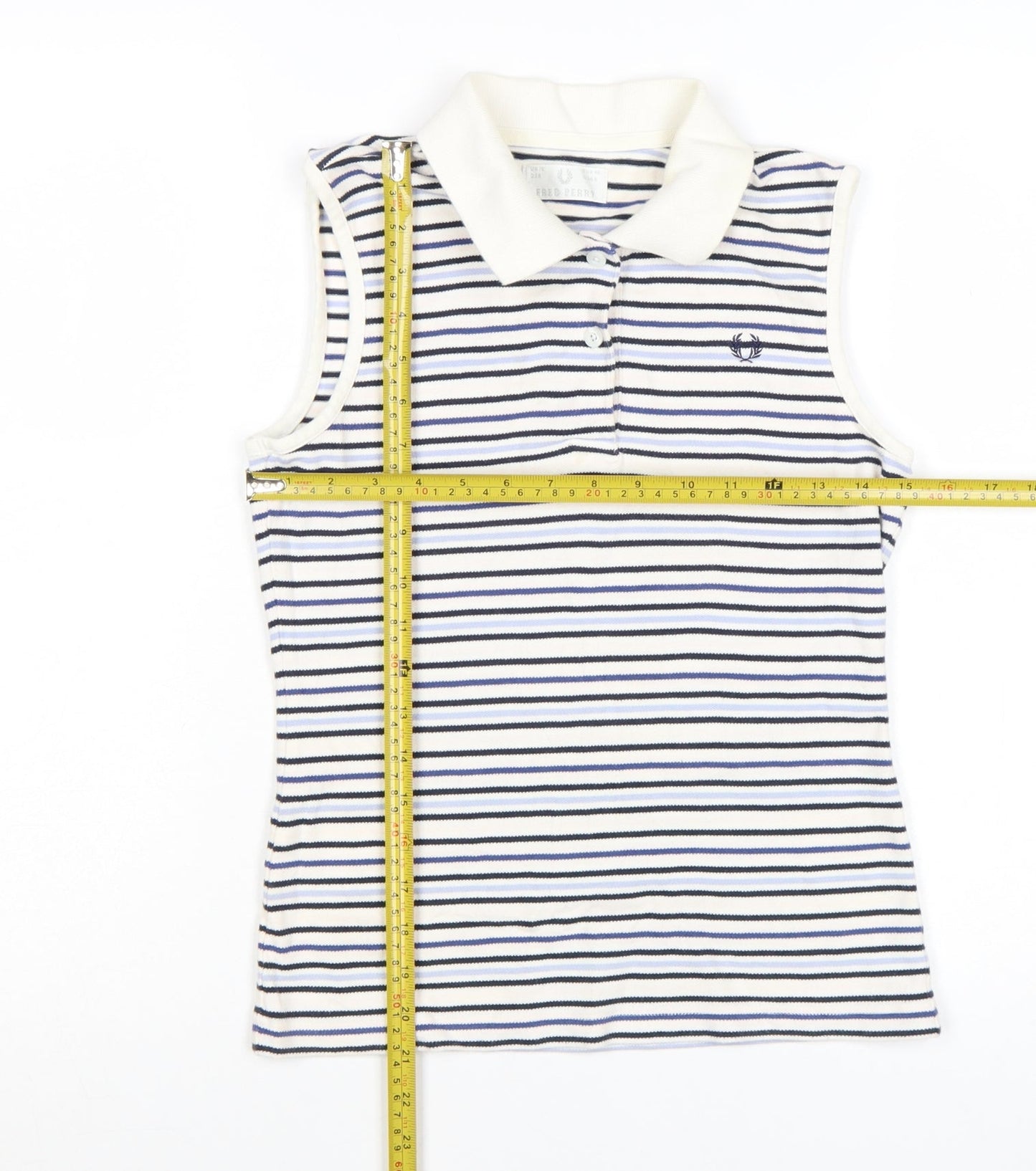 Fred Perry Womens White Blue Striped Sleeveless Polo Shirt UK 12