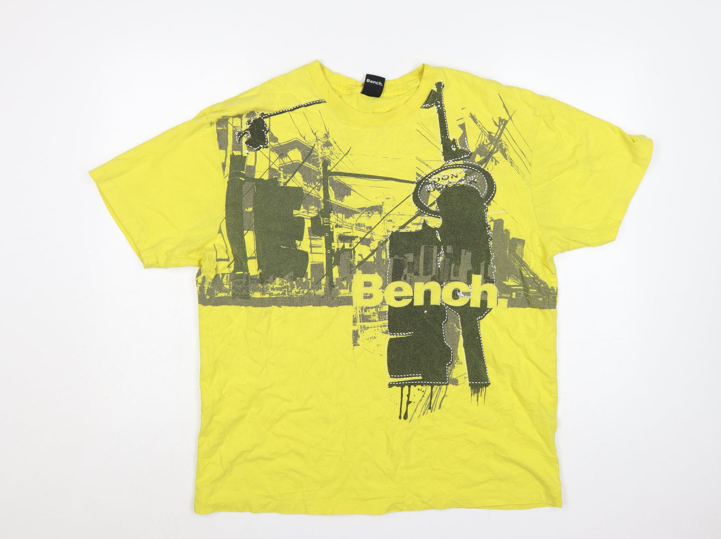 Bench Men's Yellow Graphic Print T-Shirt XL Cotton Crew Neck