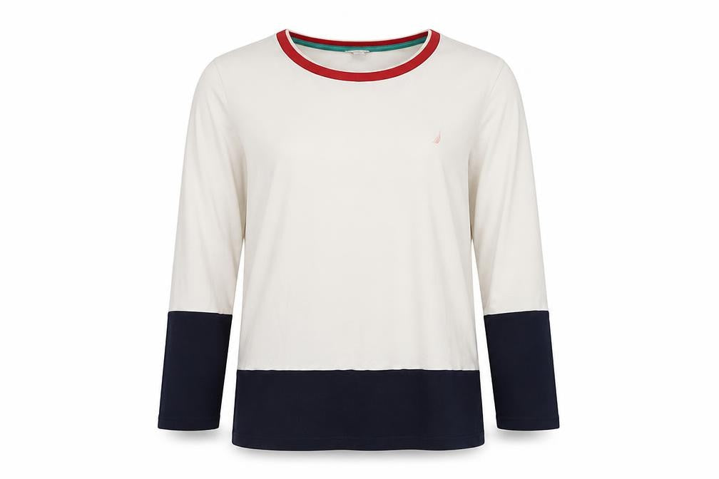 Nautica Women Ivory Navy Colourblock Cotton Pullover Sweatshirt XL