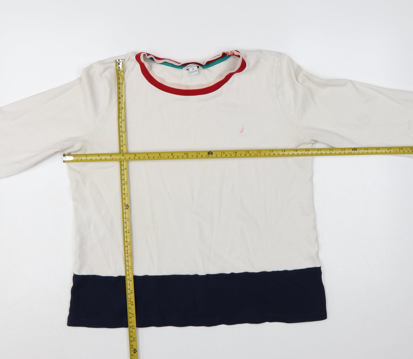 Nautica Women Ivory Navy Colourblock Cotton Pullover Sweatshirt XL