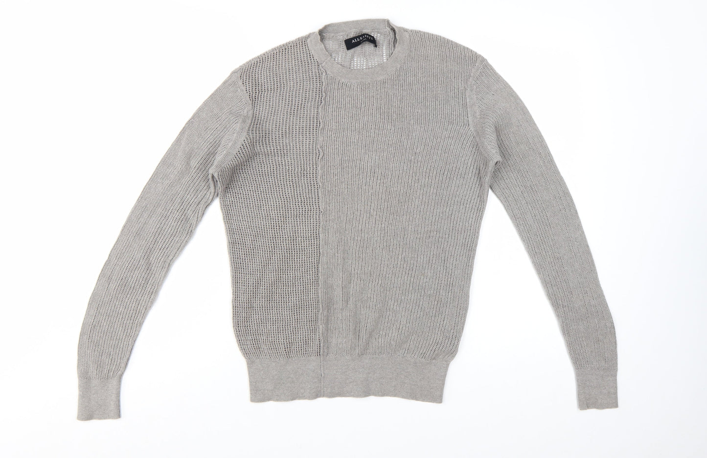 AllSaints Men's Grey Cotton Open-Knit Crew Neck Jumper Size S
