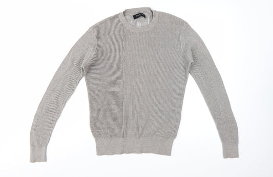 AllSaints Men's Grey Cotton Open-Knit Crew Neck Jumper Size S