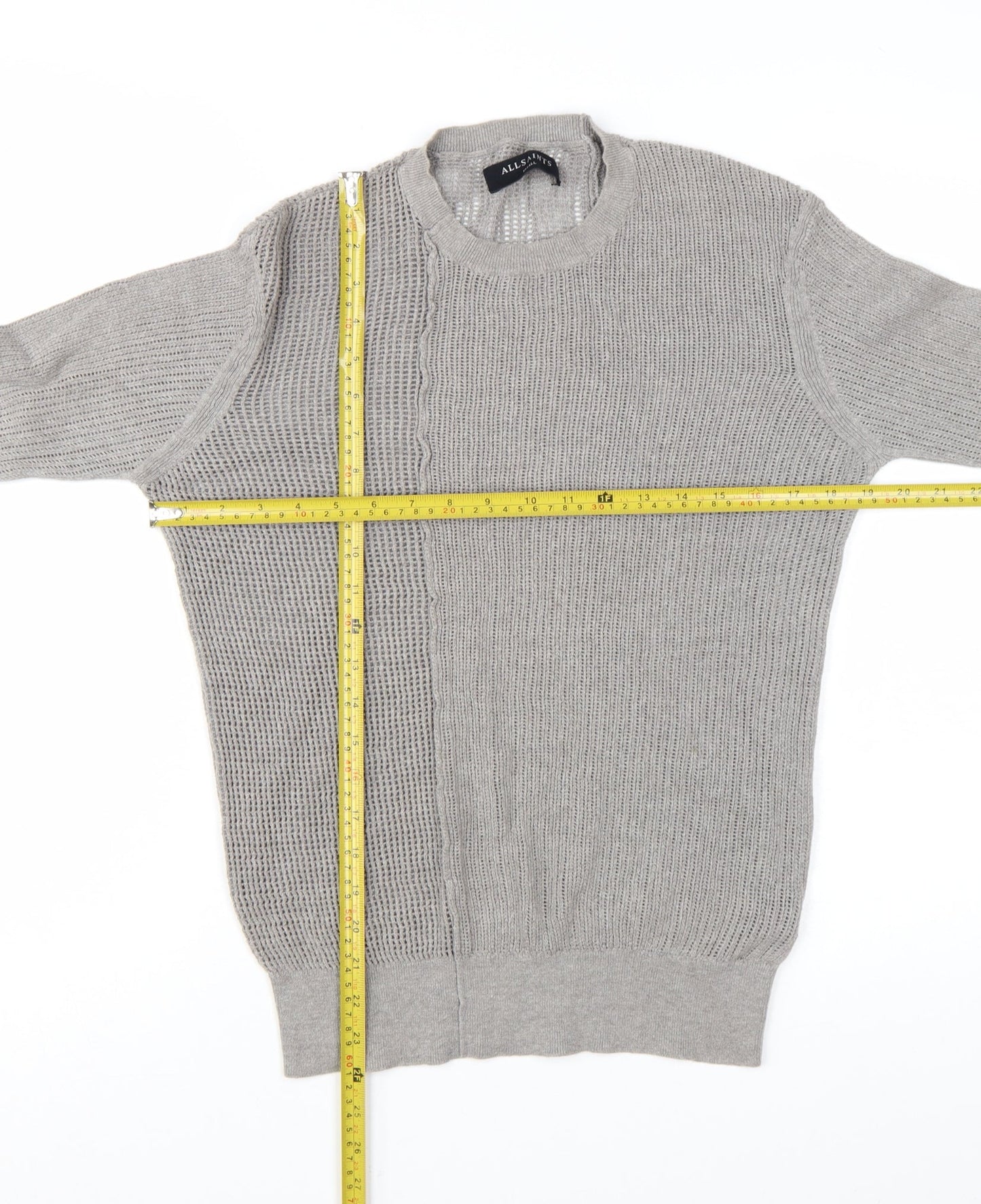 AllSaints Men's Grey Cotton Open-Knit Crew Neck Jumper Size S