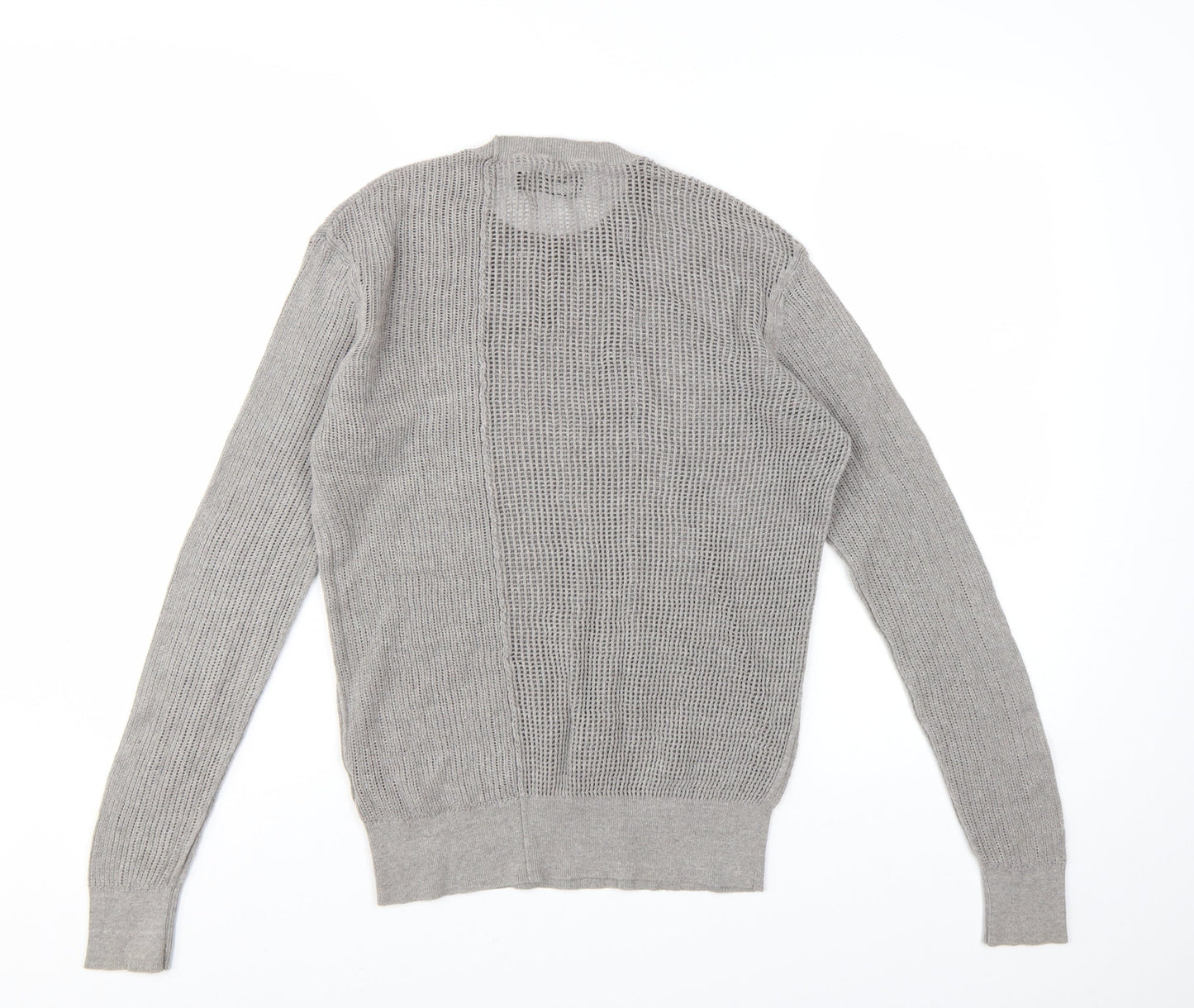AllSaints Men's Grey Cotton Open-Knit Crew Neck Jumper Size S