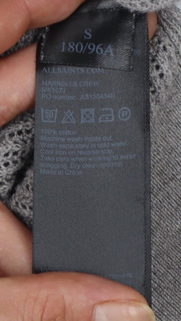 AllSaints Men's Grey Cotton Open-Knit Crew Neck Jumper Size S
