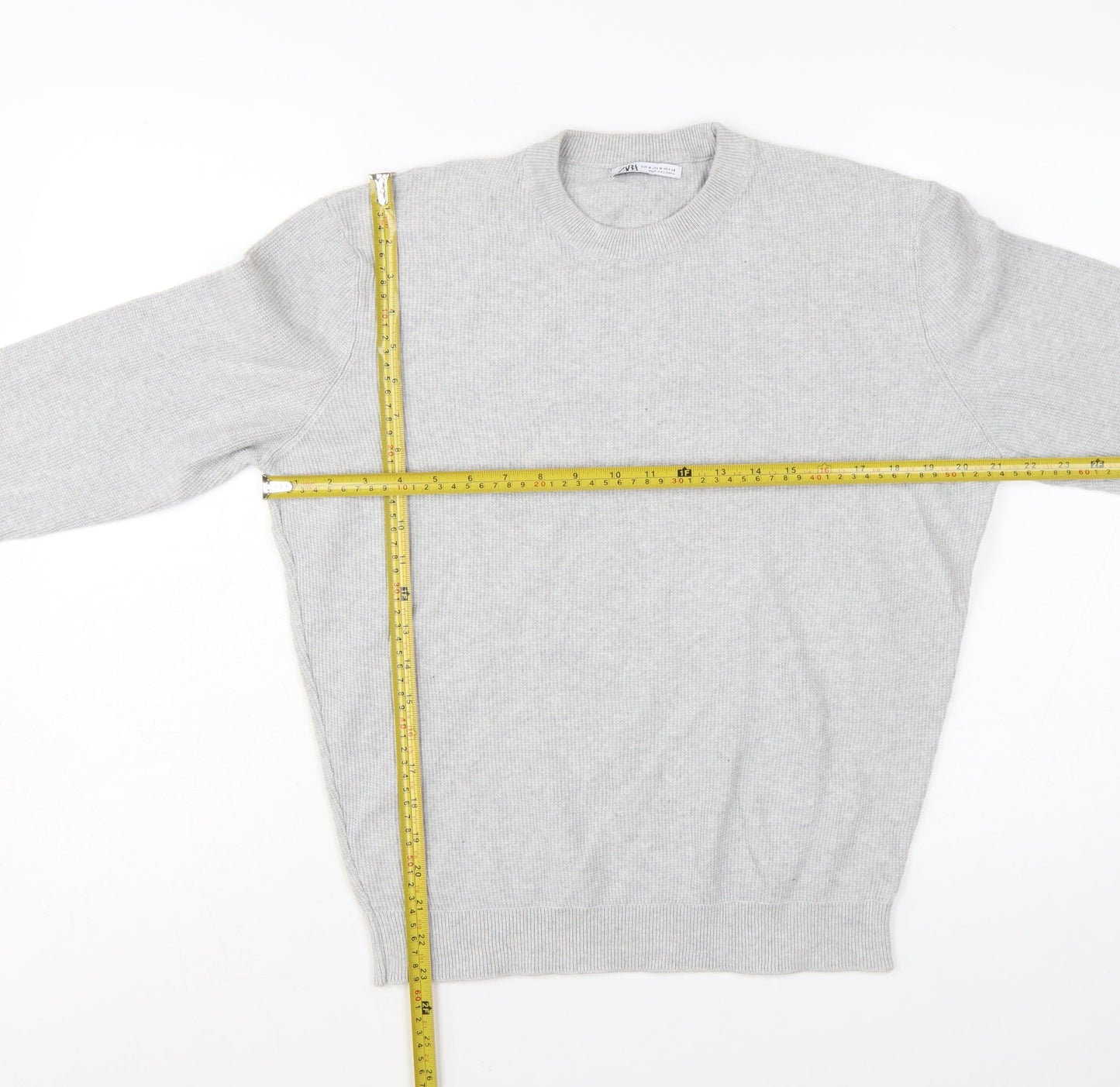Zara Men's Grey Wool Jumper M Crew Neck Pullover Classic Knit