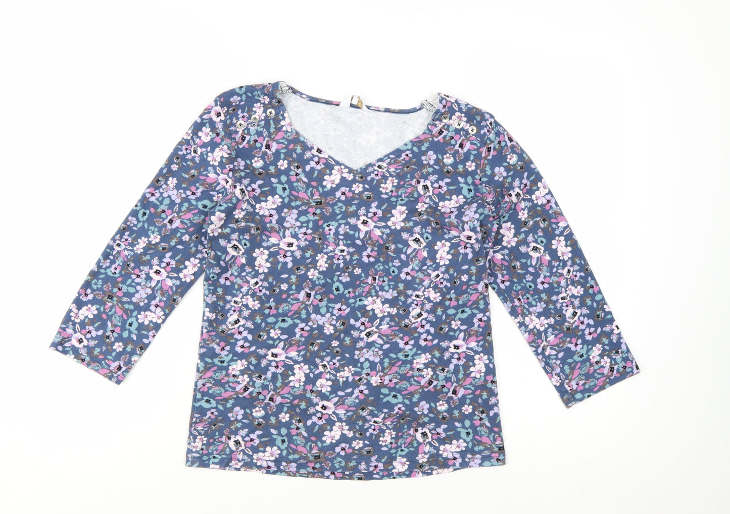 Cotton Traders Womens Blue Floral 3/4 Sleeve V-Neck Cotton T-Shirt Size 10