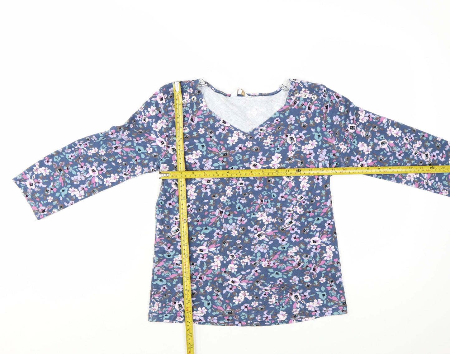 Cotton Traders Womens Blue Floral 3/4 Sleeve V-Neck Cotton T-Shirt Size 10