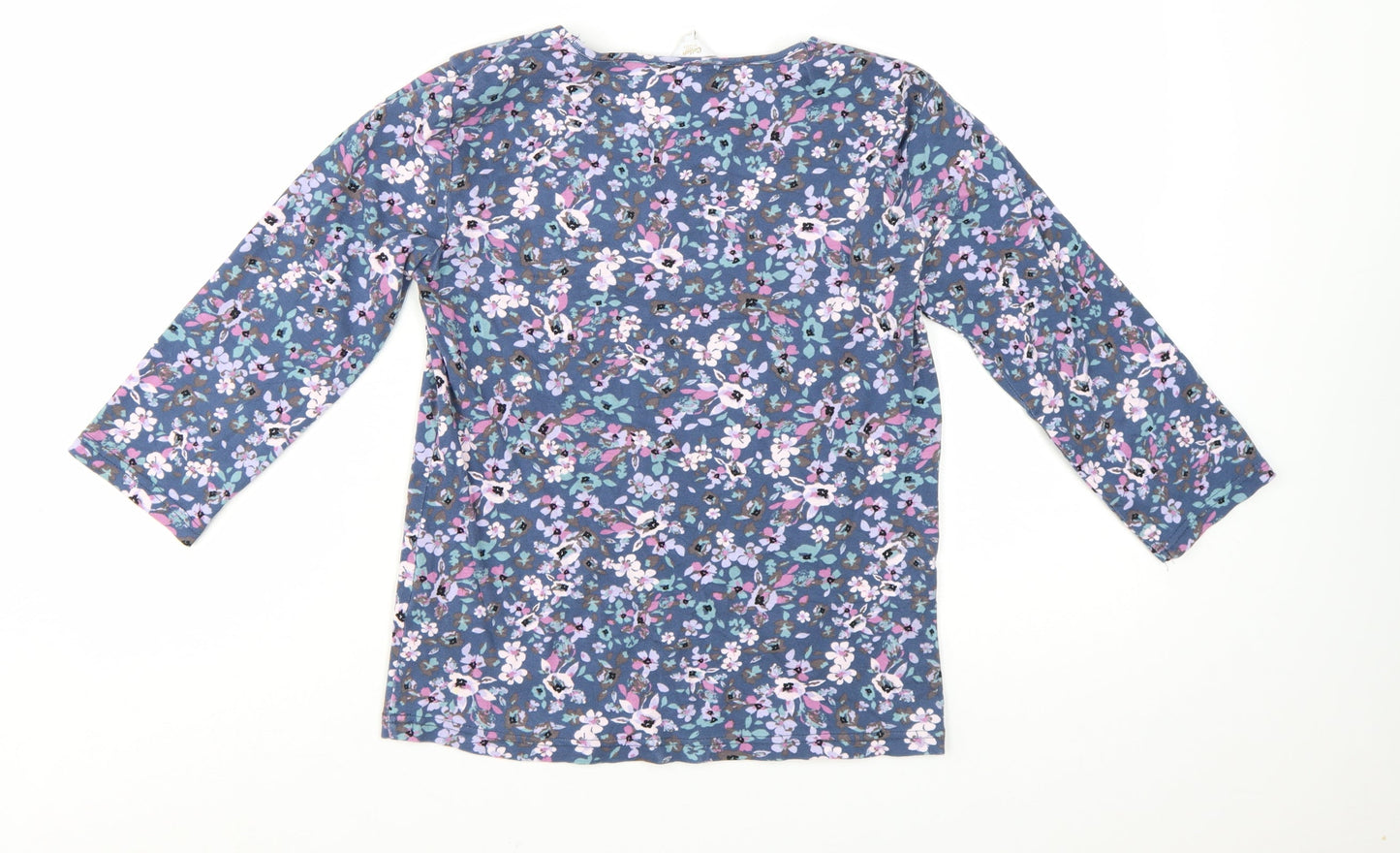 Cotton Traders Womens Blue Floral 3/4 Sleeve V-Neck Cotton T-Shirt Size 10