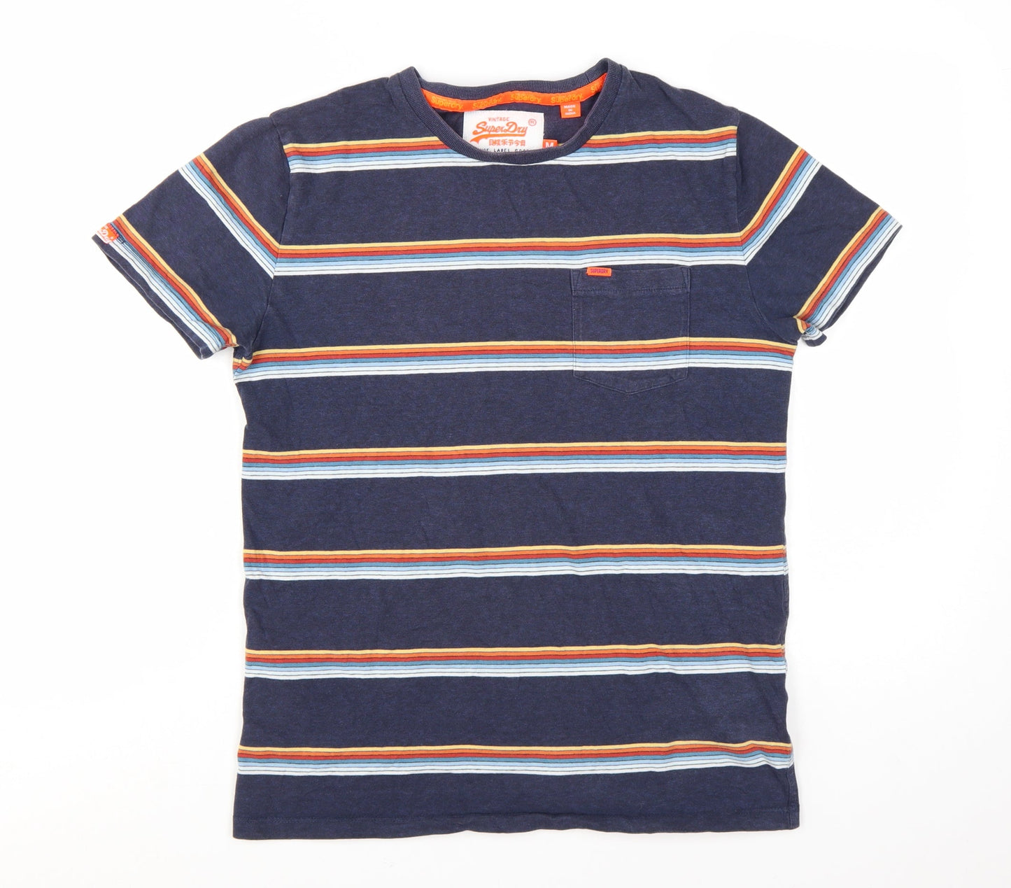 Superdry Men's Blue Striped 100% Cotton Crew Neck T-Shirt Size M
