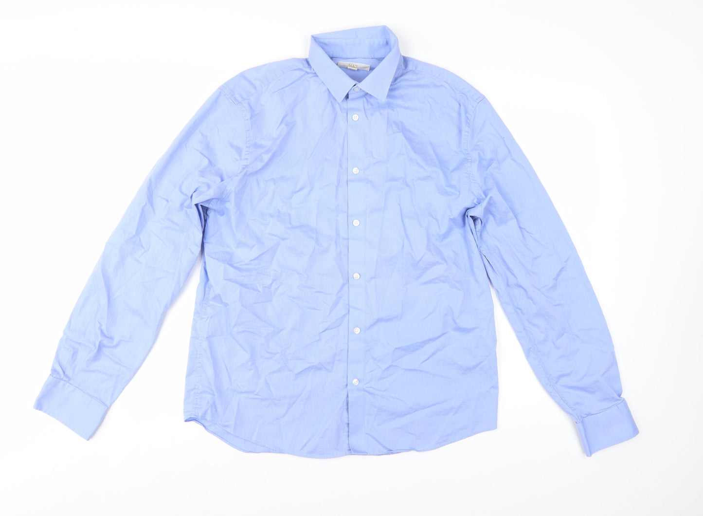 Marks and Spencer Men's Blue Cotton Long Sleeve Regular Fit Shirt M