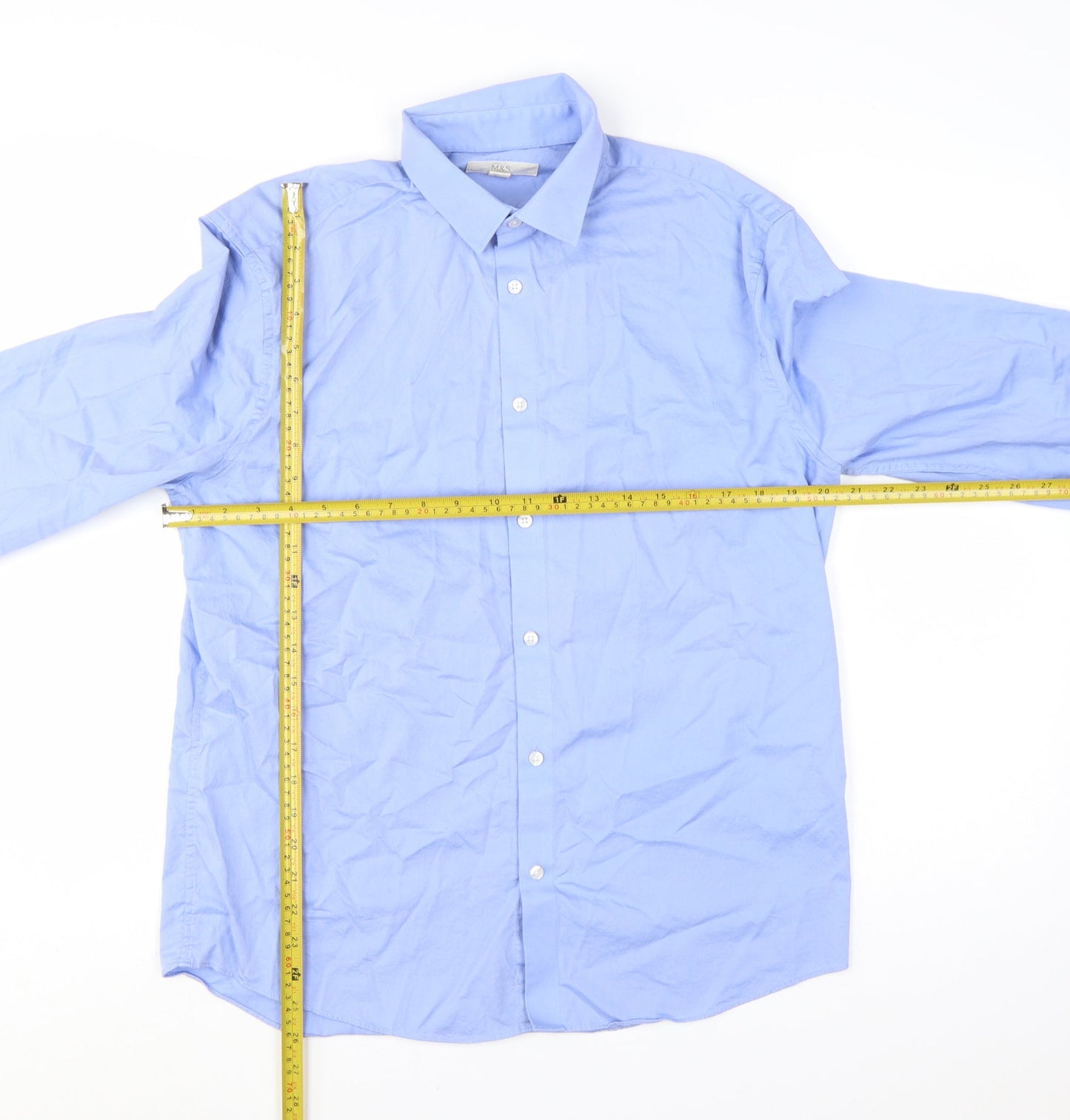 Marks and Spencer Men's Blue Cotton Long Sleeve Regular Fit Shirt M