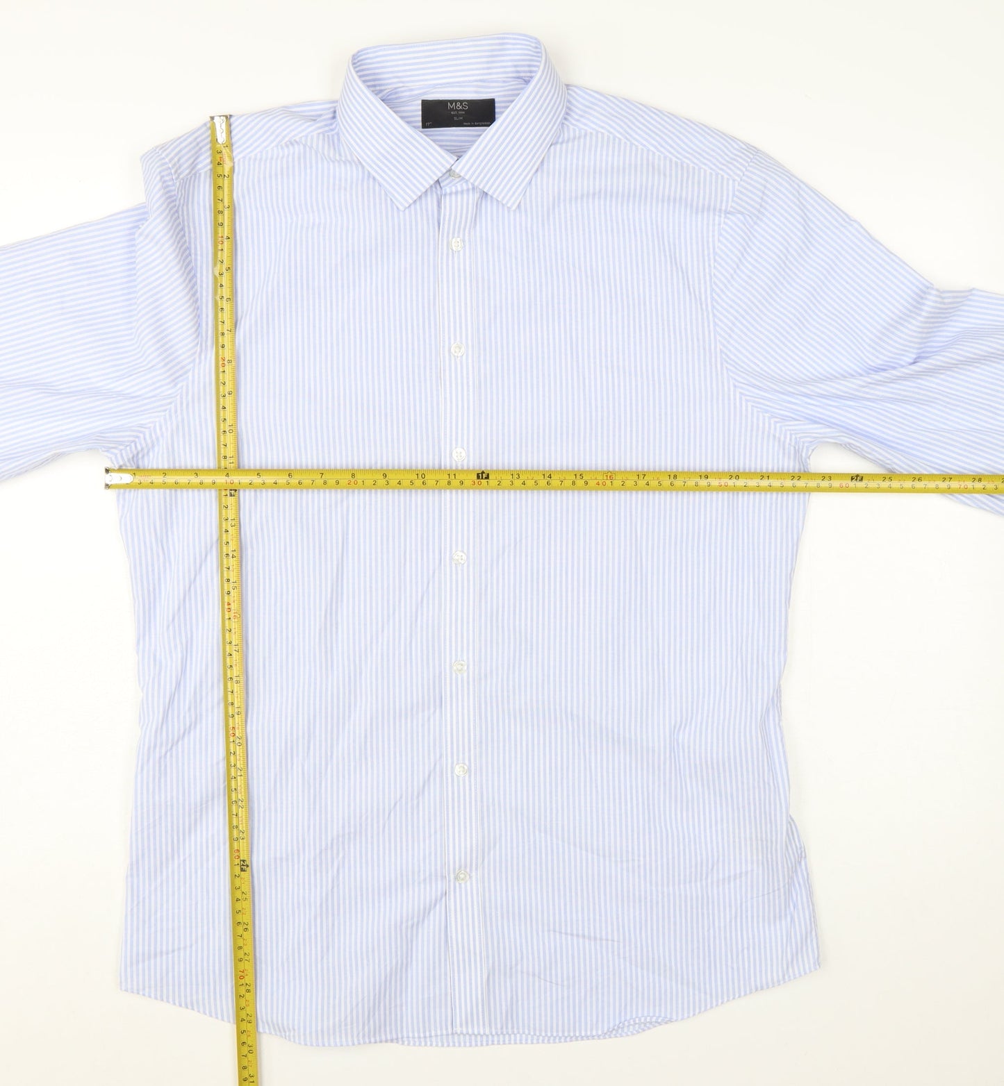 Marks and Spencer Men’s Blue Striped Slim Fit Long Sleeve Shirt Size 17