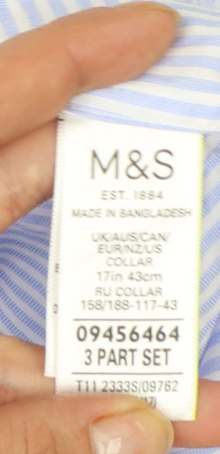 Marks and Spencer Men’s Blue Striped Slim Fit Long Sleeve Shirt Size 17