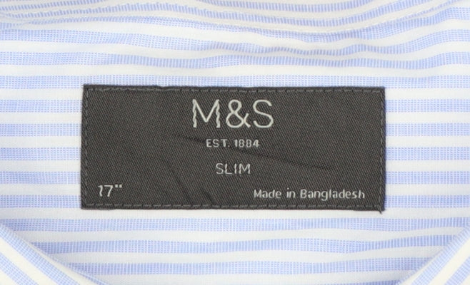 Marks and Spencer Men’s Blue Striped Slim Fit Long Sleeve Shirt Size 17