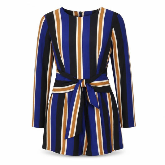 Front view of In The Style Women's Multicoloured Striped Long Sleeve Playsuit, size S