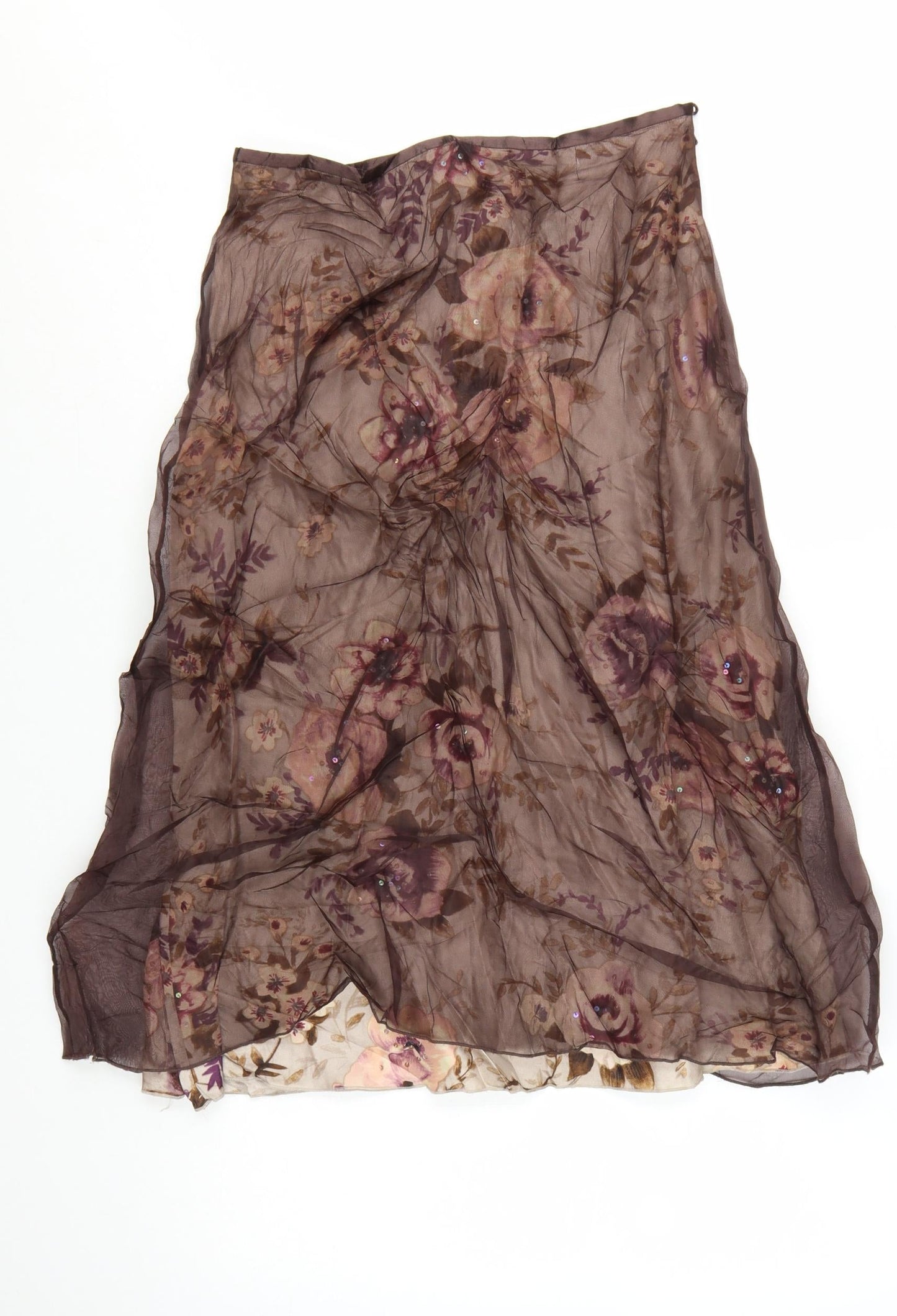 Planet Women Brown Silk Floral Midi A-Line Skirt Size 8