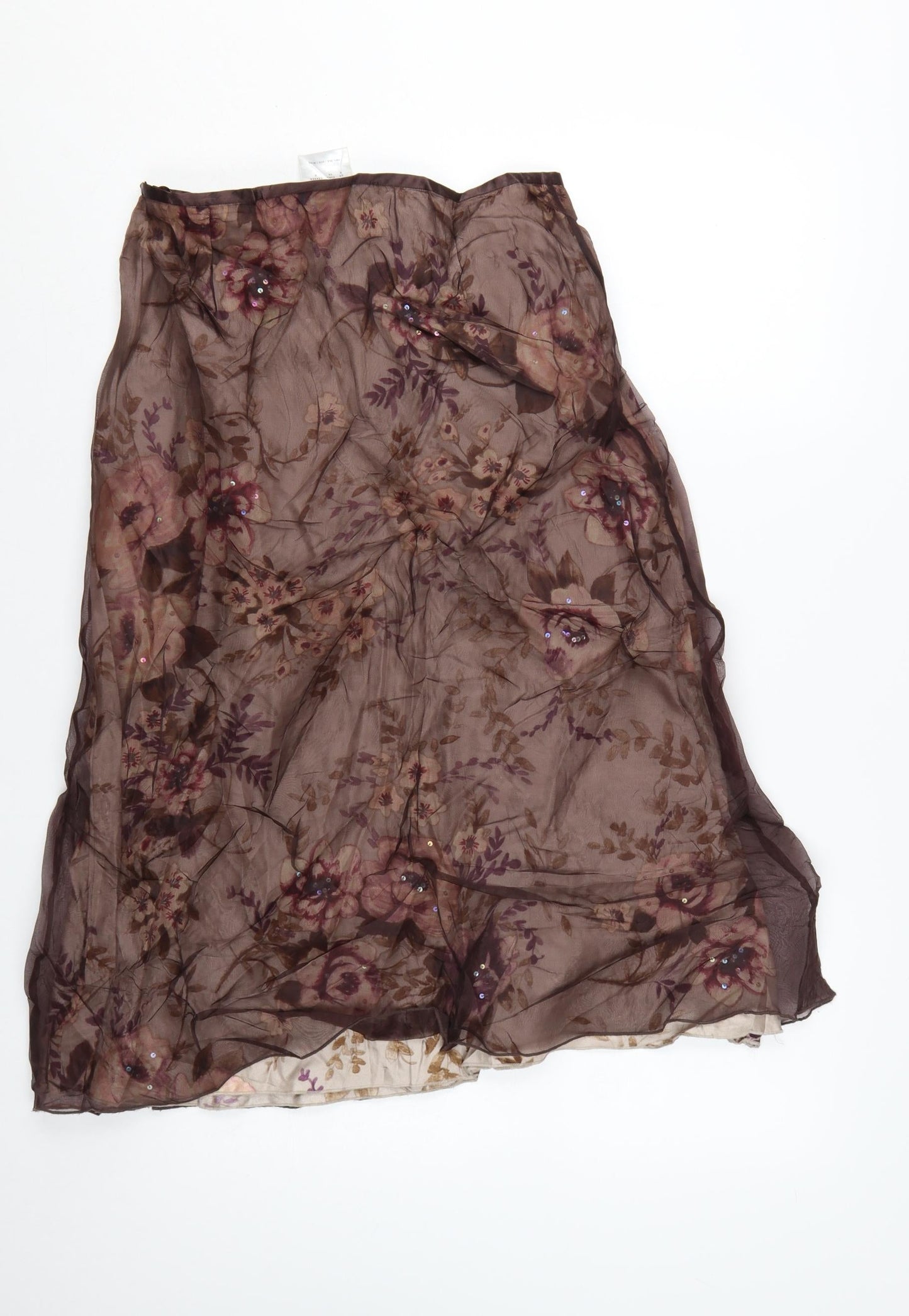 Planet Women Brown Silk Floral Midi A-Line Skirt Size 8