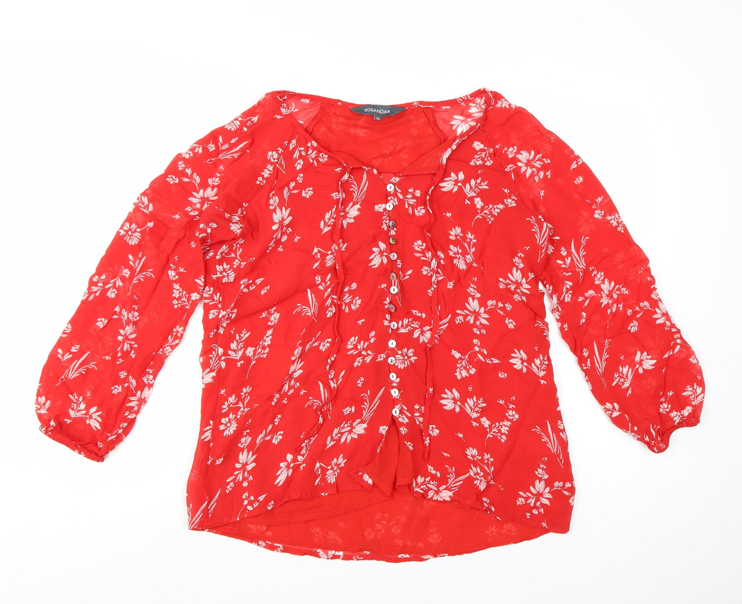 Sosandar Women's Red Floral 3/4 Sleeve Tunic Blouse Size 12