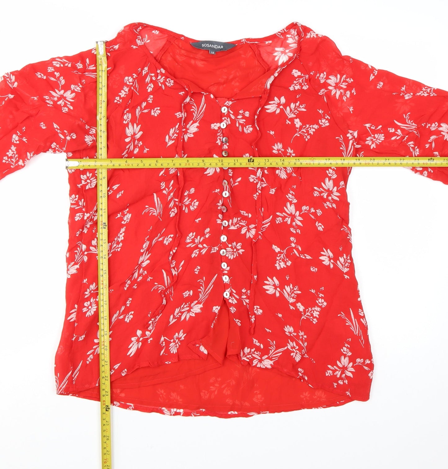 Sosandar Women's Red Floral 3/4 Sleeve Tunic Blouse Size 12