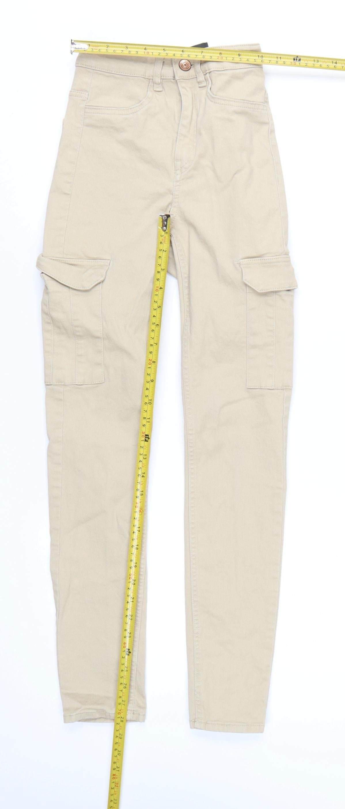 H&M Divided Women's Beige Cargo Trousers Size 4 Stretch Cotton High Waist