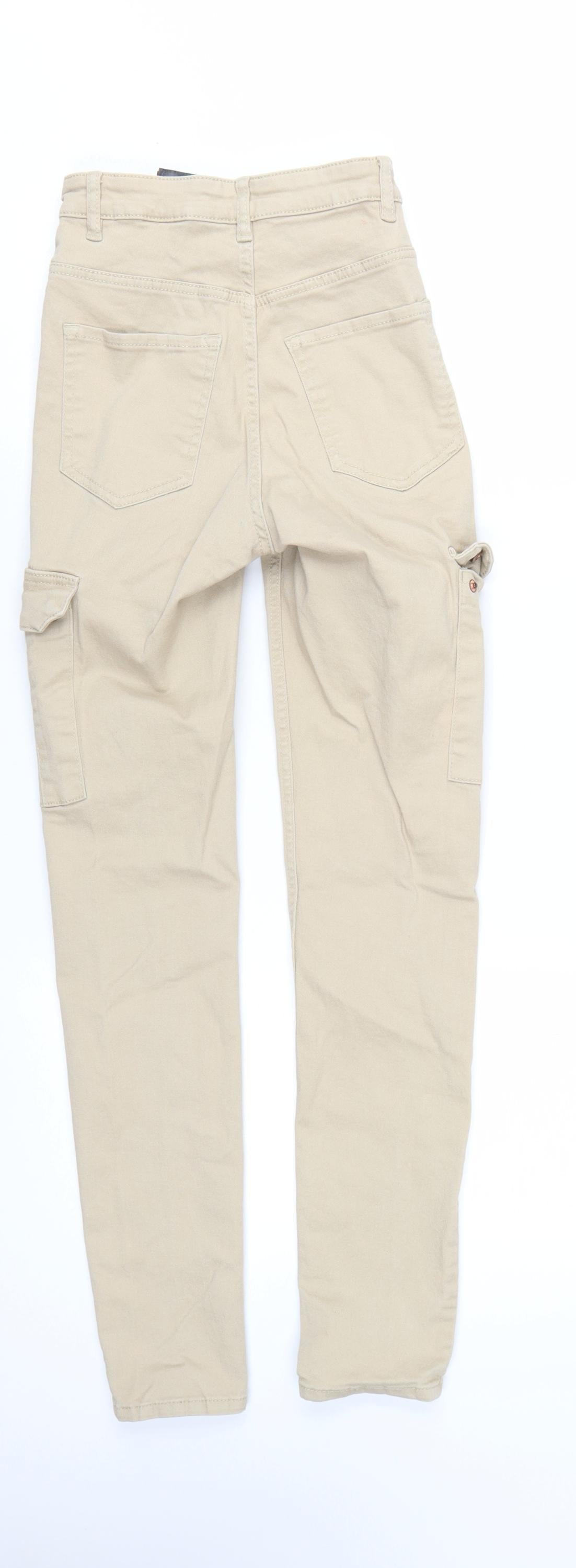 H&M Divided Women's Beige Cargo Trousers Size 4 Stretch Cotton High Waist