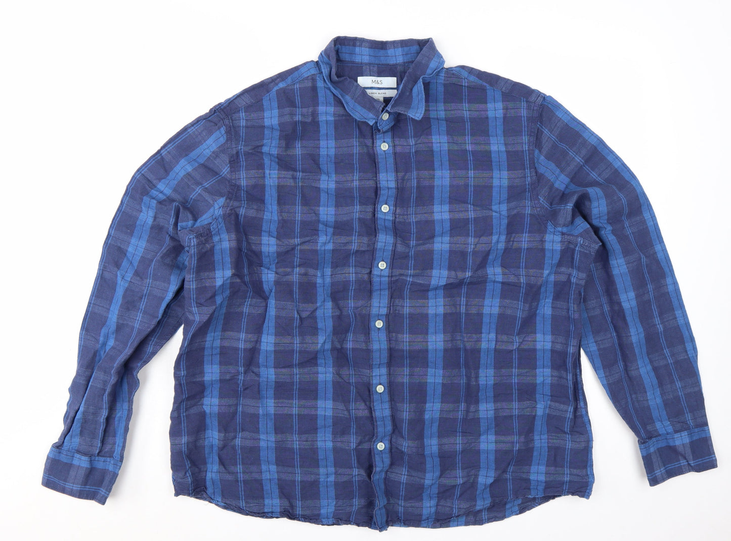 Marks and Spencer Men’s Blue Check Linen Blend Button-Up Shirt 2XL