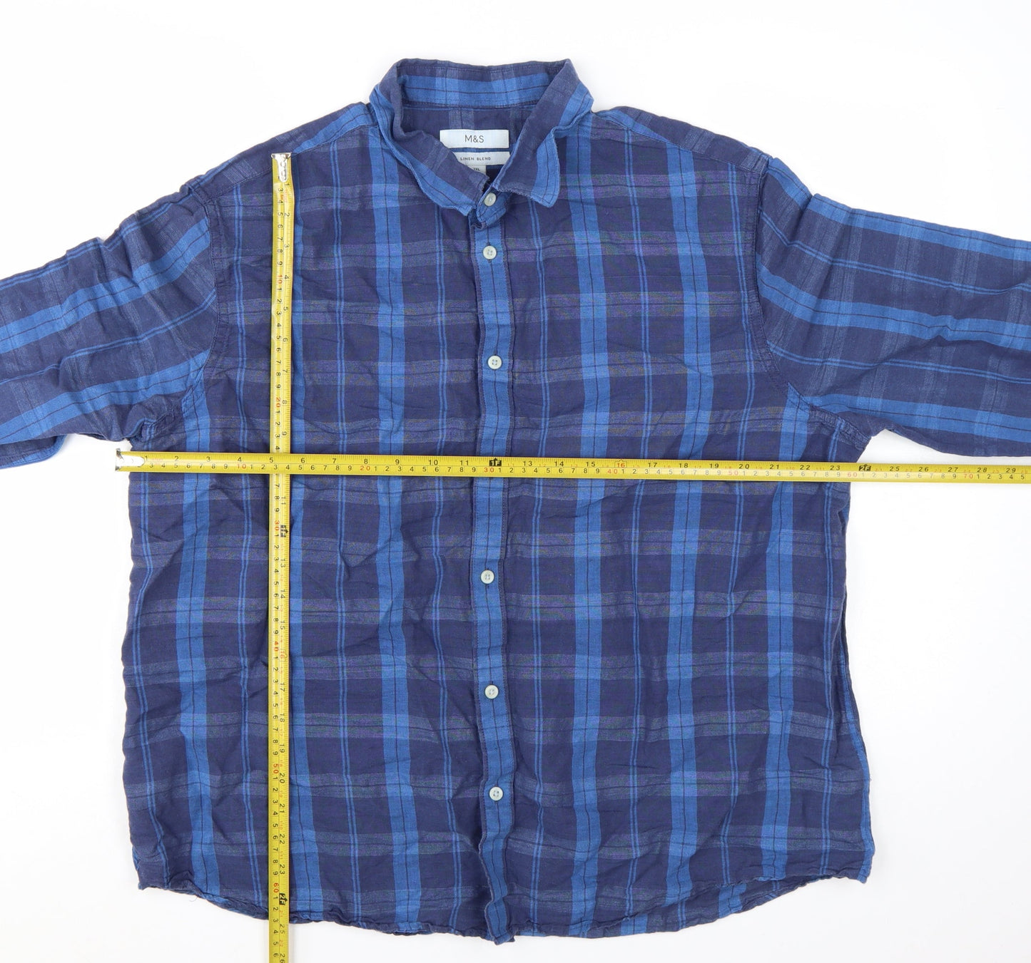 Marks and Spencer Men’s Blue Check Linen Blend Button-Up Shirt 2XL