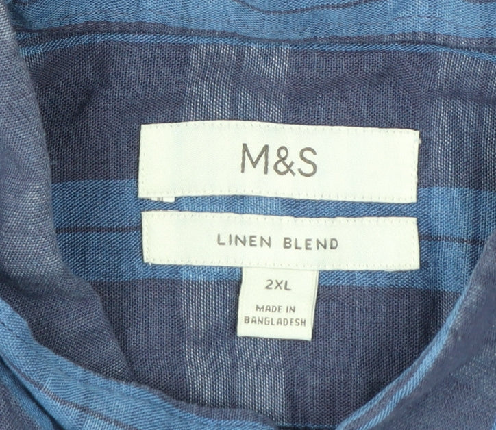 Marks and Spencer Men’s Blue Check Linen Blend Button-Up Shirt 2XL