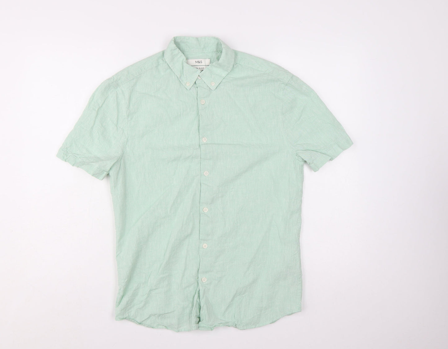 Marks and Spencer Men's Mint Green Linen Blend Short Sleeve Button-Up Shirt Size S