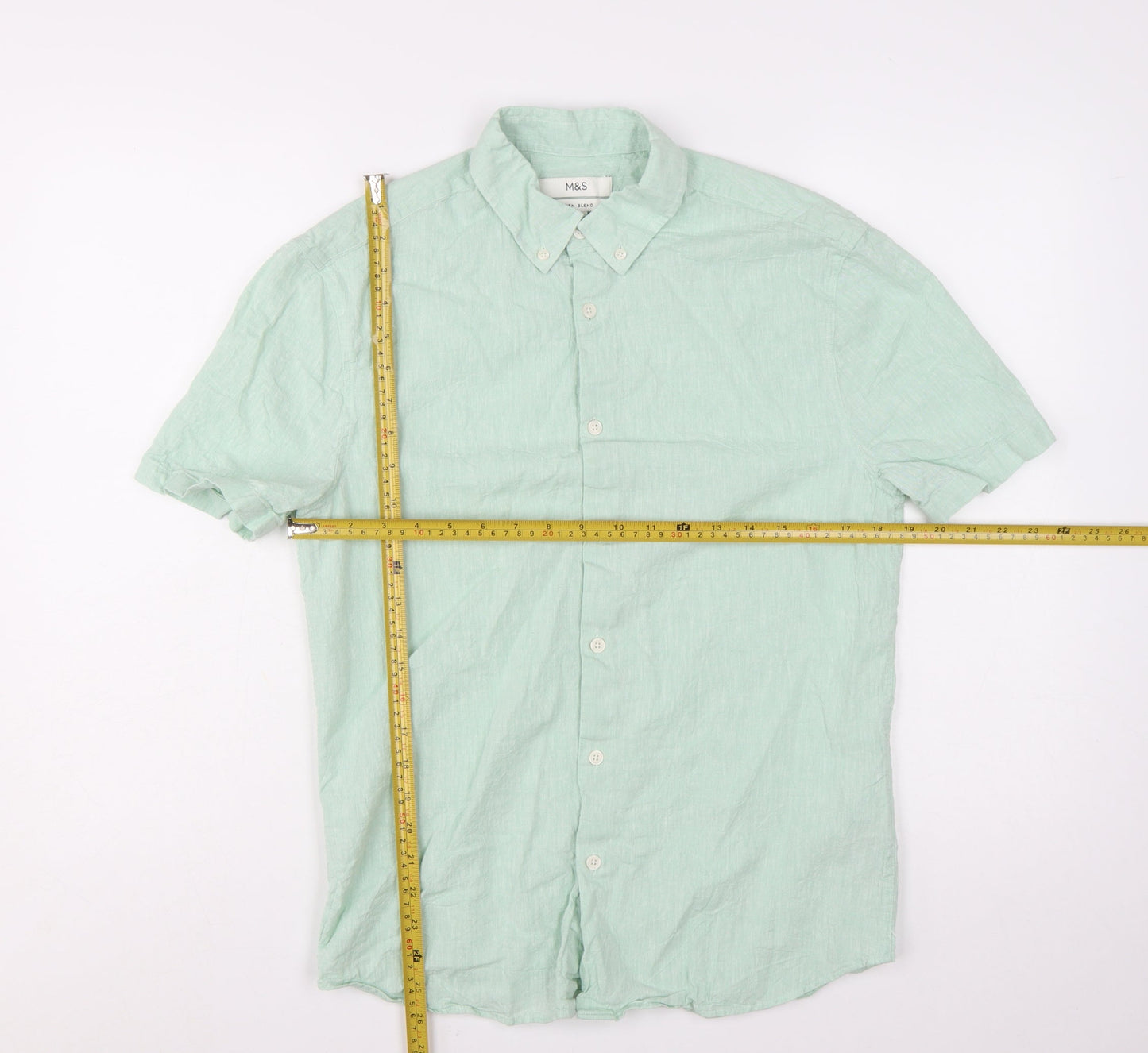 Marks and Spencer Men's Mint Green Linen Blend Short Sleeve Button-Up Shirt Size S