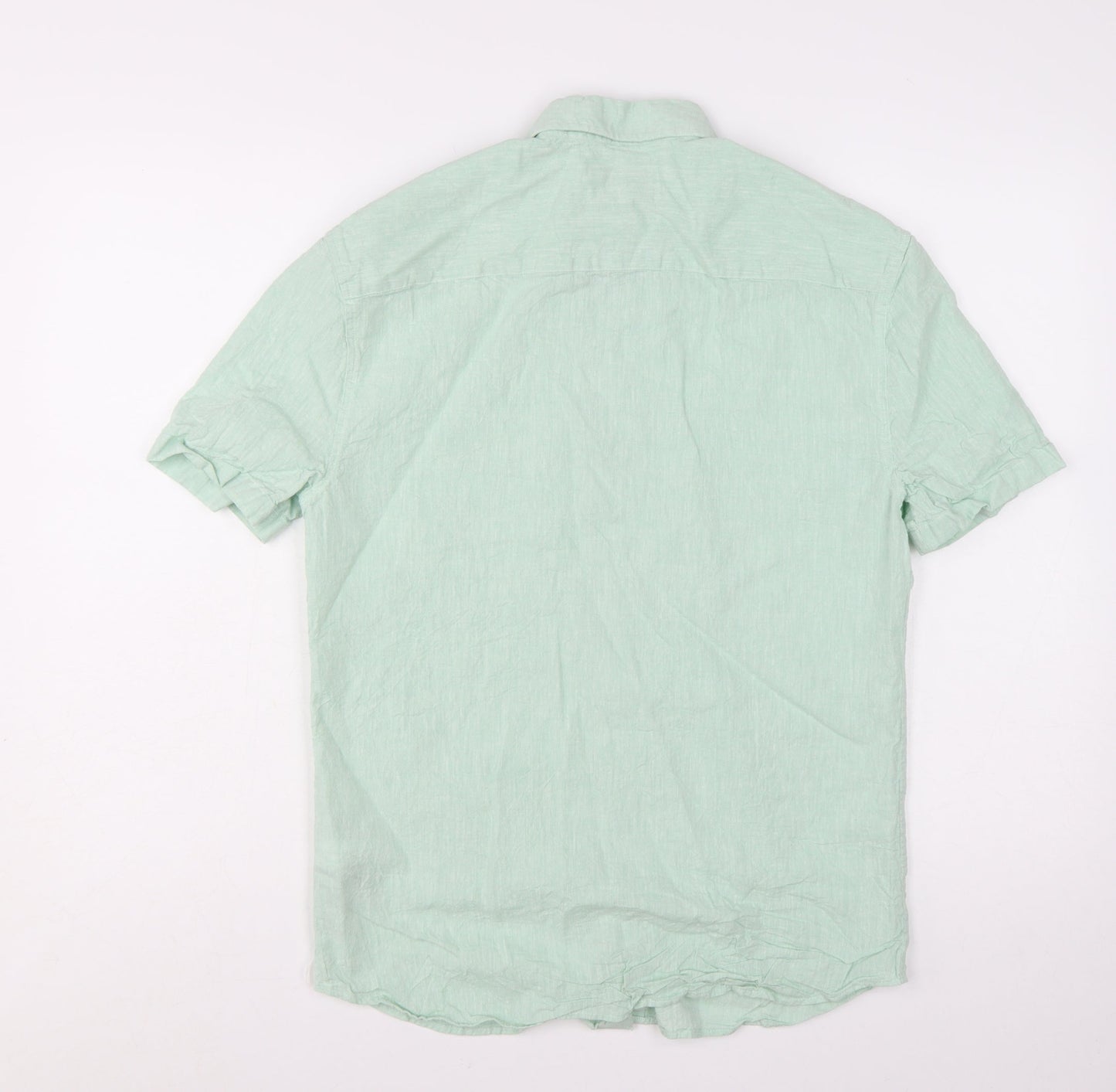 Marks and Spencer Men's Mint Green Linen Blend Short Sleeve Button-Up Shirt Size S
