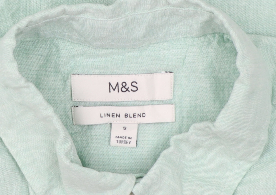 Marks and Spencer Men's Mint Green Linen Blend Short Sleeve Button-Up Shirt Size S