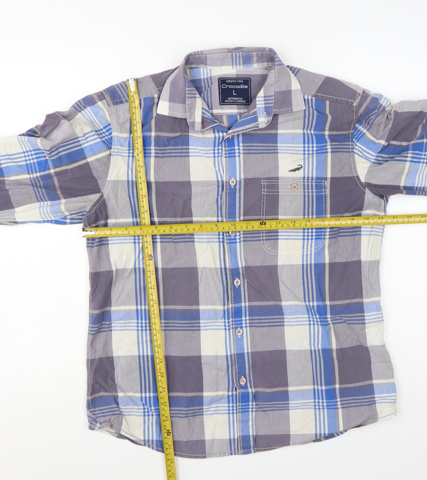 Crocodile Men's Blue Check Cotton Long Sleeve Button-Up Shirt L