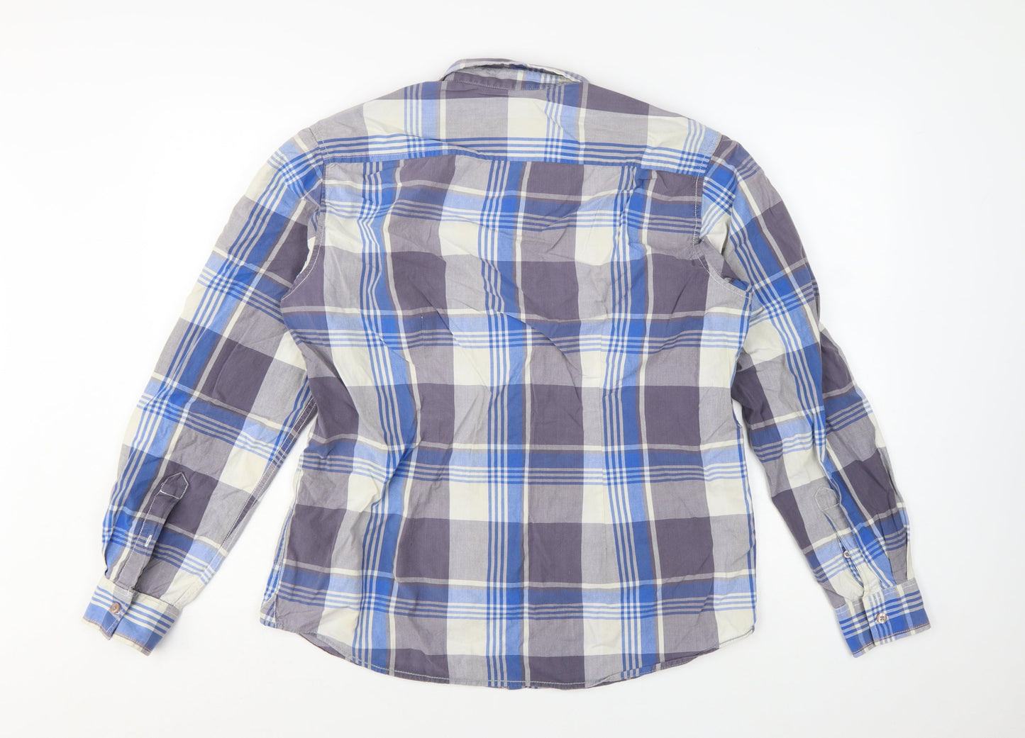 Crocodile Men's Blue Check Cotton Long Sleeve Button-Up Shirt L