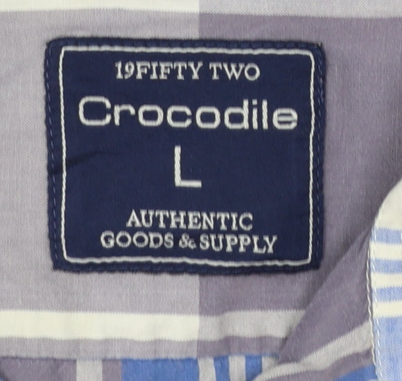 Crocodile Men's Blue Check Cotton Long Sleeve Button-Up Shirt L